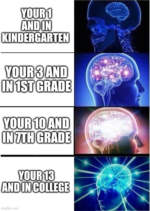 Mega big brain | YOUR 1 AND IN KINDERGARTEN; YOUR 3 AND IN 1ST GRADE; YOUR 10 AND IN 7TH GRADE; YOUR 13 AND IN COLLEGE | image tagged in memes,expanding brain | made w/ Imgflip meme maker