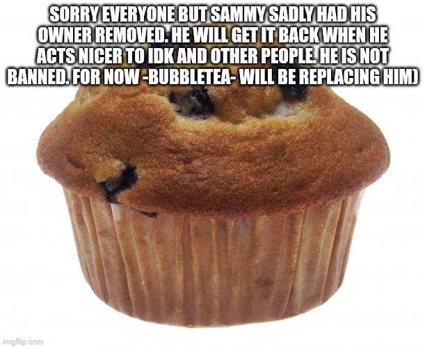 :( | SORRY EVERYONE BUT SAMMY SADLY HAD HIS OWNER REMOVED. HE WILL GET IT BACK WHEN HE ACTS NICER TO IDK AND OTHER PEOPLE. HE IS NOT BANNED. FOR NOW -BUBBLETEA- WILL BE REPLACING HIM) | image tagged in popular opinion muffin | made w/ Imgflip meme maker