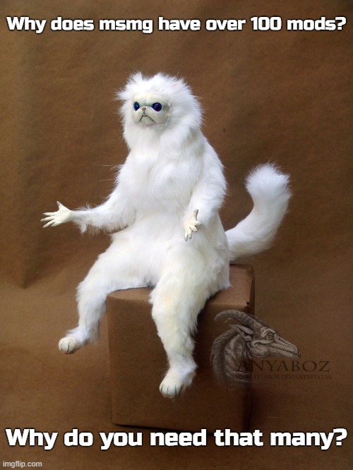 Y so many? | Why does msmg have over 100 mods? Why do you need that many? | image tagged in memes,persian cat room guardian single | made w/ Imgflip meme maker