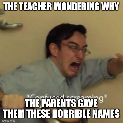 filthy frank confused scream | THE TEACHER WONDERING WHY THE PARENTS GAVE THEM THESE HORRIBLE NAMES | image tagged in filthy frank confused scream | made w/ Imgflip meme maker
