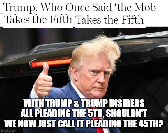 pleading the 45th | WITH TRUMP & TRUMP INSIDERS ALL PLEADING THE 5TH, SHOULDN'T WE NOW JUST CALL IT PLEADING THE 45TH? | image tagged in trump pleads the fifth | made w/ Imgflip meme maker