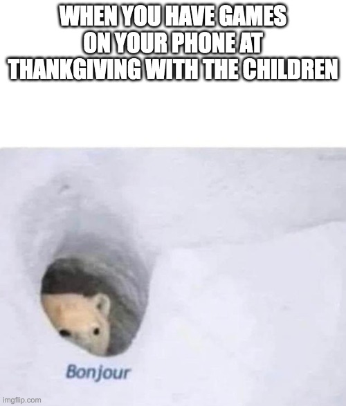 Bonjour | WHEN YOU HAVE GAMES ON YOUR PHONE AT THANKGIVING WITH THE CHILDREN | image tagged in bonjour | made w/ Imgflip meme maker