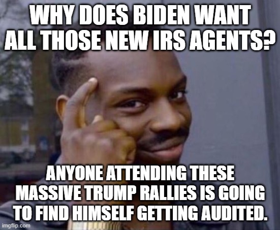 It wouldn't surprise me if increasingly they found themselves getting audited and maybe even doxxed. | WHY DOES BIDEN WANT ALL THOSE NEW IRS AGENTS? ANYONE ATTENDING THESE MASSIVE TRUMP RALLIES IS GOING TO FIND HIMSELF GETTING AUDITED. | image tagged in black guy pointing at head | made w/ Imgflip meme maker