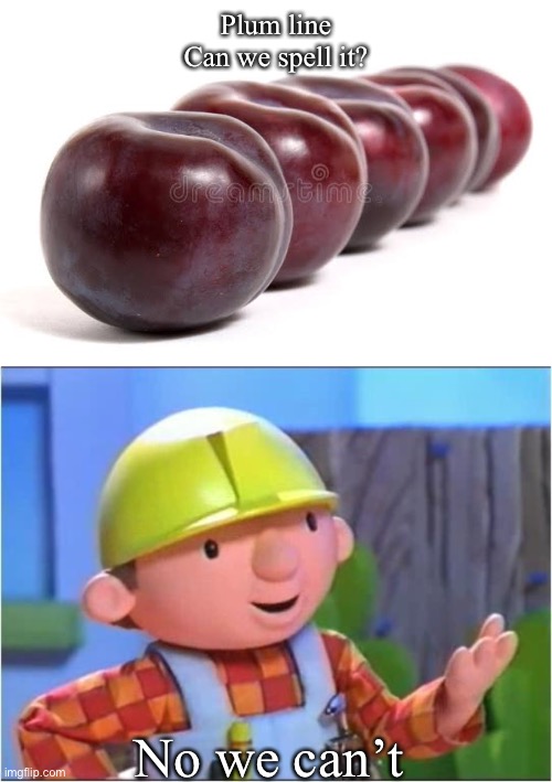 Plumb line | Plum line
Can we spell it? No we can’t | image tagged in bob the builder,plumbing,plum,spelling,spelling error | made w/ Imgflip meme maker
