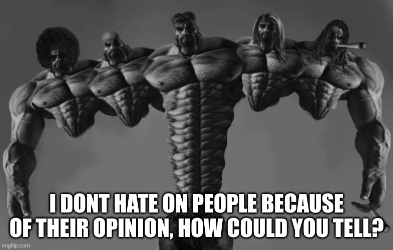 the saddest part is that these gigachads are endangered by the internet where the only constants are trolling and suffering | I DONT HATE ON PEOPLE BECAUSE OF THEIR OPINION, HOW COULD YOU TELL? | image tagged in gigachad | made w/ Imgflip meme maker