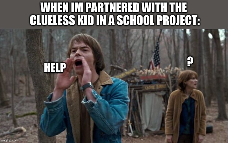 Help | WHEN IM PARTNERED WITH THE
 CLUELESS KID IN A SCHOOL PROJECT:; ? HELP | image tagged in will stranger things,stranger things | made w/ Imgflip meme maker