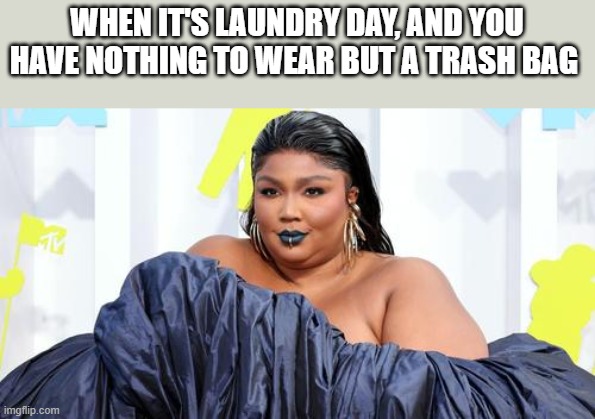 Nothing To Wear But A Trash Bag | WHEN IT'S LAUNDRY DAY, AND YOU HAVE NOTHING TO WEAR BUT A TRASH BAG | image tagged in lizzo,trash bag,laundry day,fashion,funny,memes | made w/ Imgflip meme maker