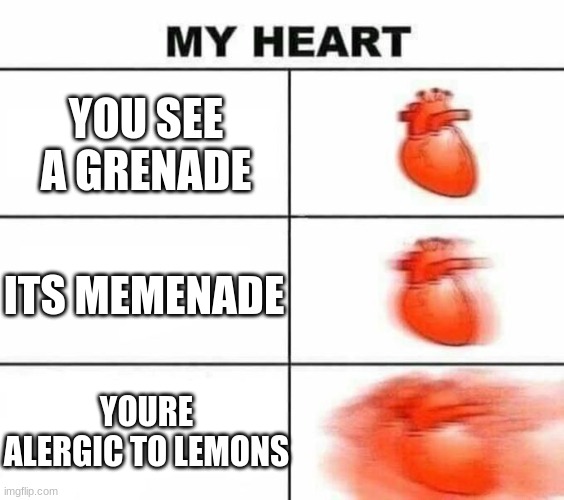 love you, memenade! (alsodaily dose of internet..!) | YOU SEE A GRENADE; ITS MEMENADE; YOURE ALERGIC TO LEMONS | image tagged in my heart blank | made w/ Imgflip meme maker