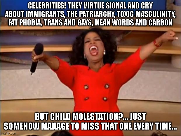 Oprah You Get A Meme | CELEBRITIES! THEY VIRTUE SIGNAL AND CRY ABOUT IMMIGRANTS, THE PATRIARCHY, TOXIC MASCULINITY, FAT PHOBIA, TRANS AND GAYS, MEAN WORDS AND CARBON; BUT CHILD MOLESTATION?... JUST SOMEHOW MANAGE TO MISS THAT ONE EVERY TIME... | image tagged in memes,oprah you get a | made w/ Imgflip meme maker