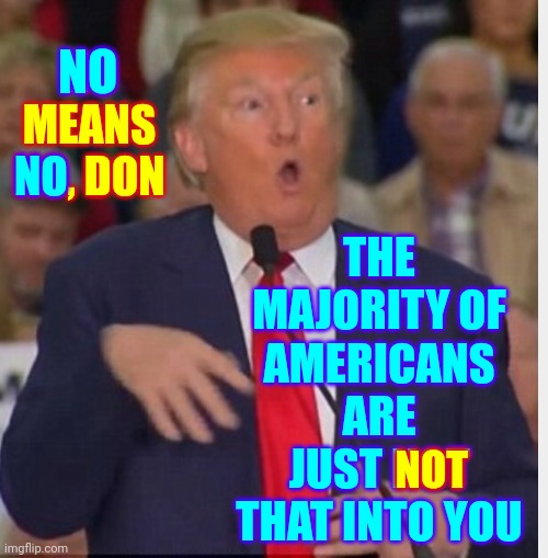 Dude.  Take A Hint And Stop Trying To Force Yourself On Her | THE MAJORITY OF AMERICANS ARE JUST NOT THAT INTO YOU; NO; NO MEANS NO, DON; NO; NOT | image tagged in donald trump tho,malignant narcissism,memes,no means no,trump is too stupid,lock him up | made w/ Imgflip meme maker