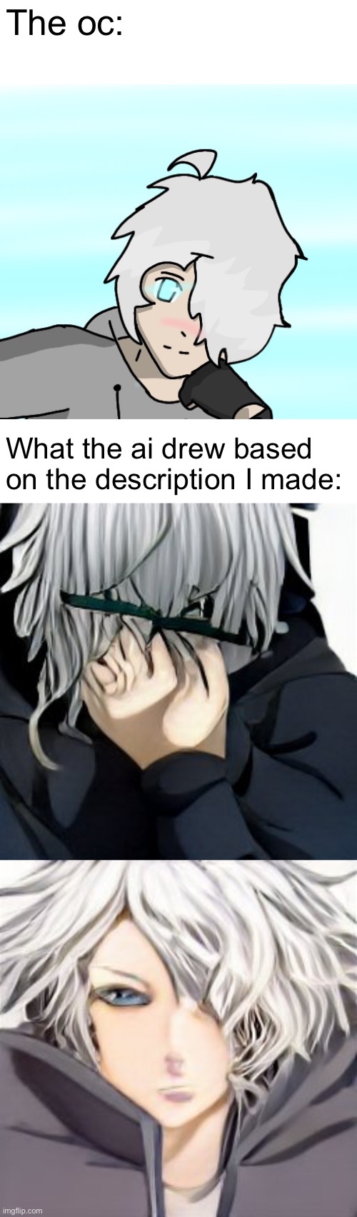Okay, the second one was actually kinda cool tho- some flaws. But cool | The oc:; What the ai drew based on the description I made: | made w/ Imgflip meme maker