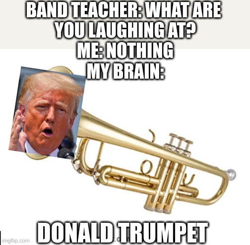 BAND TEACHER: WHAT ARE
 YOU LAUGHING AT?
 ME: NOTHING
 MY BRAIN:; DONALD TRUMPET | image tagged in funny memes | made w/ Imgflip meme maker
