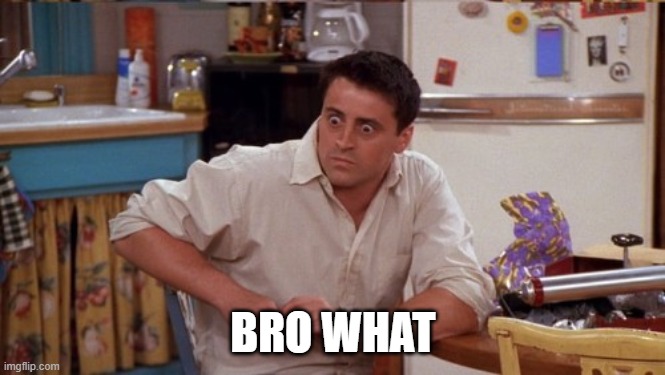 joey wide eyes | BRO WHAT | image tagged in joey wide eyes | made w/ Imgflip meme maker