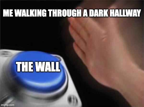 Knock on Somthing | ME WALKING THROUGH A DARK HALLWAY; THE WALL | image tagged in memes,blank nut button,imgflip,funny,fun | made w/ Imgflip meme maker