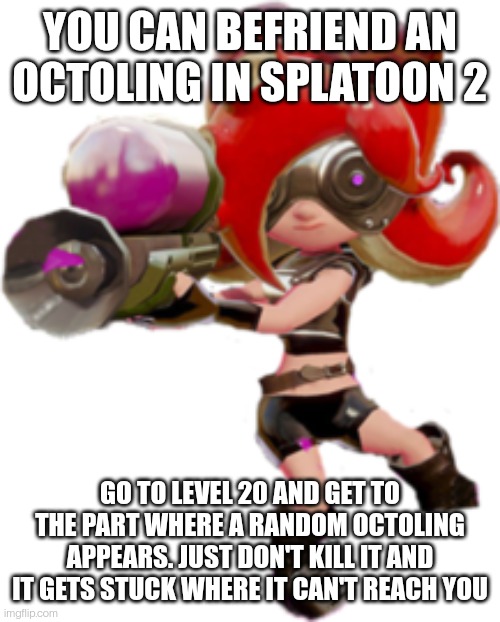 Remember to stay out of range of it's weapon | YOU CAN BEFRIEND AN OCTOLING IN SPLATOON 2; GO TO LEVEL 20 AND GET TO THE PART WHERE A RANDOM OCTOLING APPEARS. JUST DON'T KILL IT AND IT GETS STUCK WHERE IT CAN'T REACH YOU | image tagged in octoling | made w/ Imgflip meme maker