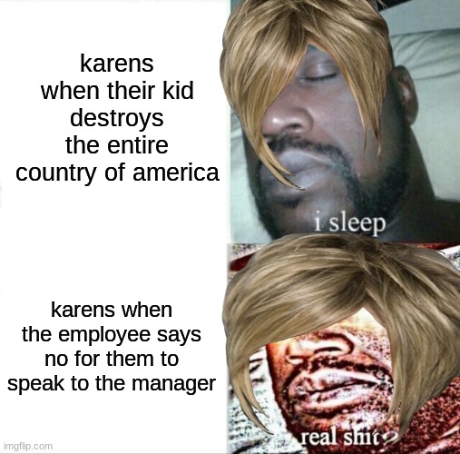 karens be like in a nutshell | karens when their kid destroys the entire country of america; karens when the employee says no for them to speak to the manager | image tagged in memes,sleeping shaq | made w/ Imgflip meme maker