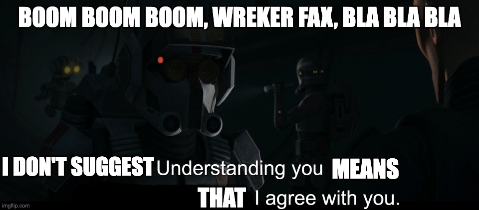 Understanding you does not mean that I agree with you. | BOOM BOOM BOOM, WREKER FAX, BLA BLA BLA; I DON'T SUGGEST; MEANS; THAT | image tagged in understanding you does not mean that i agree with you | made w/ Imgflip meme maker