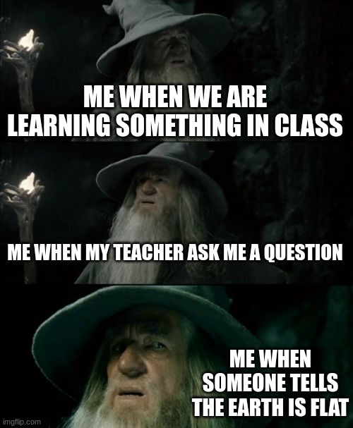 Confused Gandalf Meme | ME WHEN WE ARE LEARNING SOMETHING IN CLASS; ME WHEN MY TEACHER ASK ME A QUESTION; ME WHEN SOMEONE TELLS THE EARTH IS FLAT | image tagged in memes,confused gandalf | made w/ Imgflip meme maker