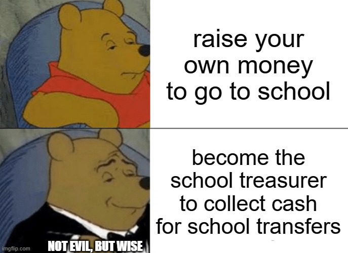 Tuxedo Winnie The Pooh | raise your own money to go to school; become the school treasurer to collect cash for school transfers; NOT EVIL, BUT WISE | image tagged in memes,tuxedo winnie the pooh | made w/ Imgflip meme maker