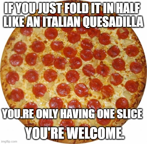 Pizza | IF YOU JUST FOLD IT IN HALF 
LIKE AN ITALIAN QUESADILLA; YOU.RE ONLY HAVING ONE SLICE; YOU'RE WELCOME. | image tagged in pizza | made w/ Imgflip meme maker