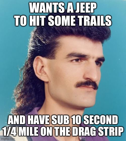 mullet  | WANTS A JEEP TO HIT SOME TRAILS; AND HAVE SUB 10 SECOND 1/4 MILE ON THE DRAG STRIP | image tagged in mullet | made w/ Imgflip meme maker