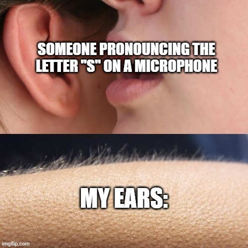 Whisper and Goosebumps | SOMEONE PRONOUNCING THE LETTER "S" ON A MICROPHONE; MY EARS: | image tagged in whisper and goosebumps,microphone | made w/ Imgflip meme maker