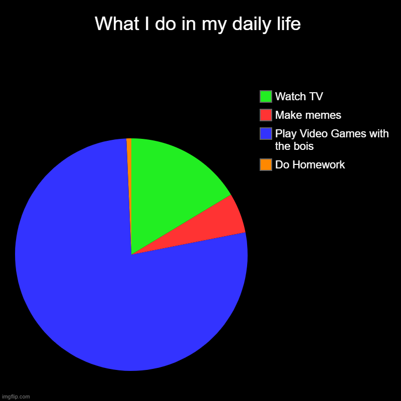 What I do in my daily life | Do Homework, Play Video Games with the bois, Make memes, Watch TV | image tagged in charts,pie charts | made w/ Imgflip chart maker