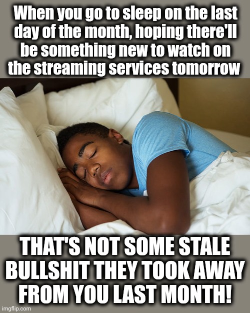 There's always hope... | When you go to sleep on the last
day of the month, hoping there'll
be something new to watch on
the streaming services tomorrow; THAT'S NOT SOME STALE
BULLSHIT THEY TOOK AWAY
FROM YOU LAST MONTH! | image tagged in memes,streaming services,television,roku | made w/ Imgflip meme maker