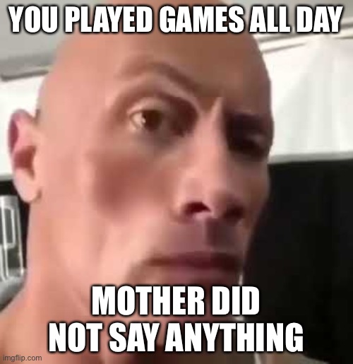 Strange | YOU PLAYED GAMES ALL DAY; MOTHER DID NOT SAY ANYTHING | image tagged in the rock eyebrows | made w/ Imgflip meme maker