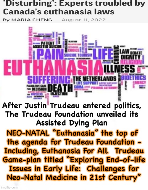 Canada not hiding Administration’s Death Wish for Citizens — Life is Cheap, Disposable | After Justin Trudeau entered politics,
The Trudeau Foundation unveiled its
Assisted Dying Plan; NEO-NATAL “Euthanasia” the top of 
the agenda for Trudeau Foundation -
Including, Euthanasia For All.  Trudeau
Game-plan titled “Exploring End-of-life
Issues in Early Life:  Challenges for
Neo-Natal Medicine in 21st Century” | image tagged in memes,trudeau is a mf wef punk,gets rich while controling life n death,thats what globalists do,f globalists,fjb n fjb voters | made w/ Imgflip meme maker