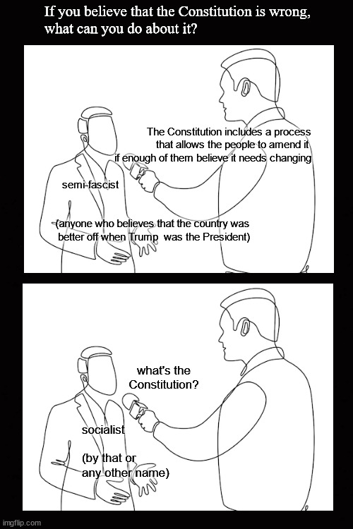 When the Constitution is wrong ... | If you believe that the Constitution is wrong,
what can you do about it? The Constitution includes a process that allows the people to amend it 
if enough of them believe it needs changing; semi-fascist                                             
 
 
(anyone who believes that the country was 
better off when Trump  was the President); what's the Constitution? socialist
 
(by that or 
any other name) | image tagged in constitutional amendment | made w/ Imgflip meme maker