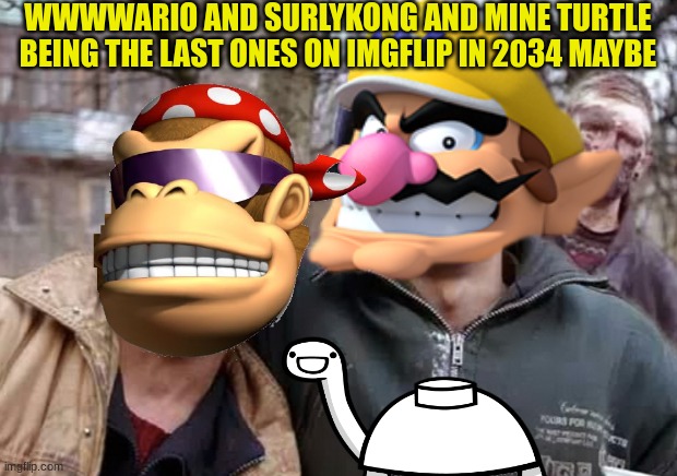 Maybe | WWWWARIO AND SURLYKONG AND MINE TURTLE BEING THE LAST ONES ON IMGFLIP IN 2034 MAYBE | image tagged in last ones,fidelsmooker,surlykong,mine turtle,wwwwario | made w/ Imgflip meme maker