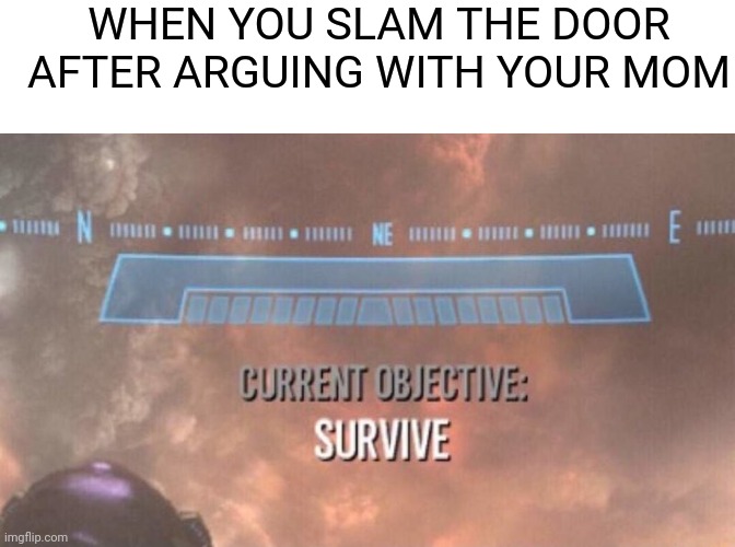 Run | WHEN YOU SLAM THE DOOR AFTER ARGUING WITH YOUR MOM | image tagged in blank white template,current objective survive | made w/ Imgflip meme maker