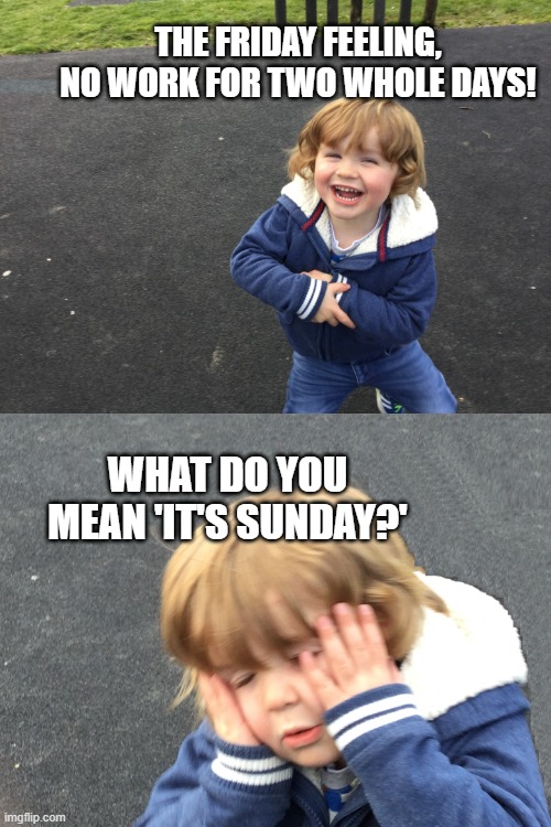Realisation | THE FRIDAY FEELING, NO WORK FOR TWO WHOLE DAYS! WHAT DO YOU MEAN 'IT'S SUNDAY?' | image tagged in realisation | made w/ Imgflip meme maker