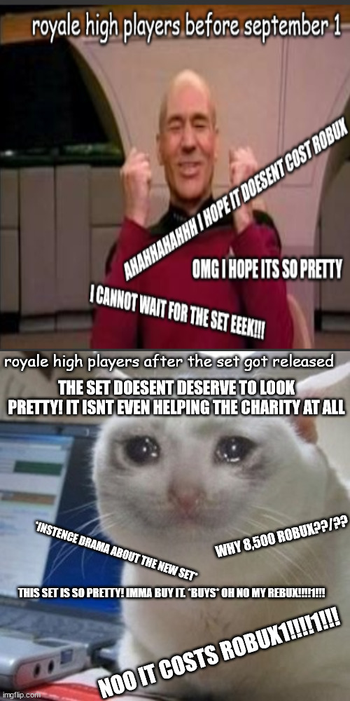 yep, this is true.. royale high players actually will understand this. | royale high players after the set got released; THE SET DOESENT DESERVE TO LOOK PRETTY! IT ISNT EVEN HELPING THE CHARITY AT ALL; WHY 8,500 ROBUX??/?? *INSTENCE DRAMA ABOUT THE NEW SET*; THIS SET IS SO PRETTY! IMMA BUY IT. *BUYS* OH NO MY REBUX!!!!1!!! NOO IT COSTS ROBUX1!!!!1!!! | image tagged in crying cat,set,royale high,sad,relatable,unfunny | made w/ Imgflip meme maker