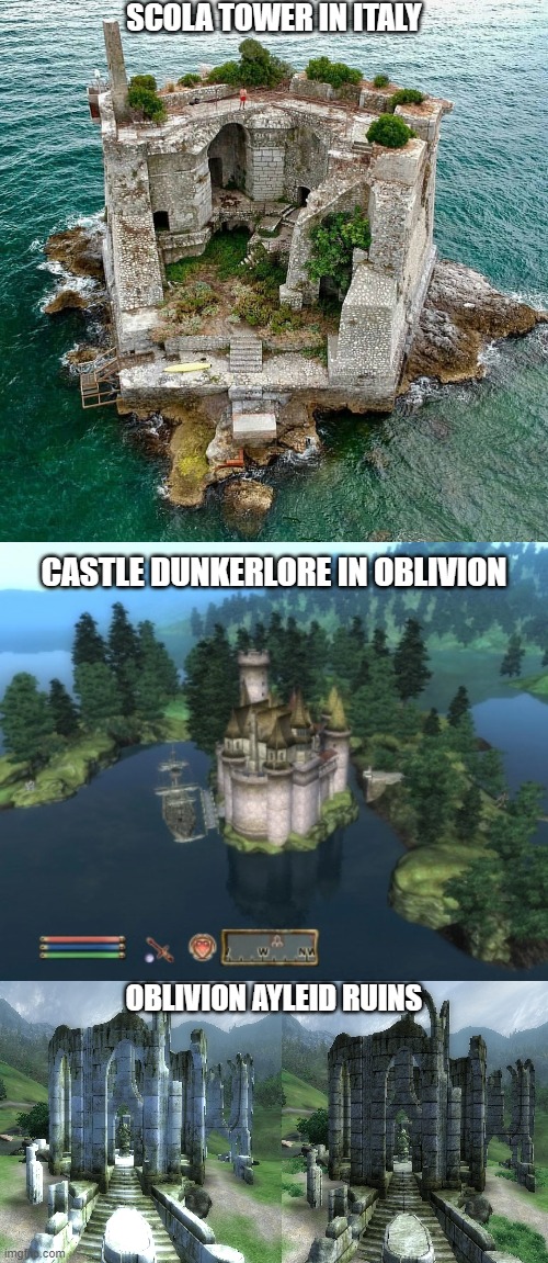 I dunno if this was inspiration directly, but you see parallels. Cyrodill was Ancient Rome + Medieval (mostly Western) Europe. | SCOLA TOWER IN ITALY; CASTLE DUNKERLORE IN OBLIVION; OBLIVION AYLEID RUINS | image tagged in oblivion,elder scrolls,video games,castle,tower,island | made w/ Imgflip meme maker