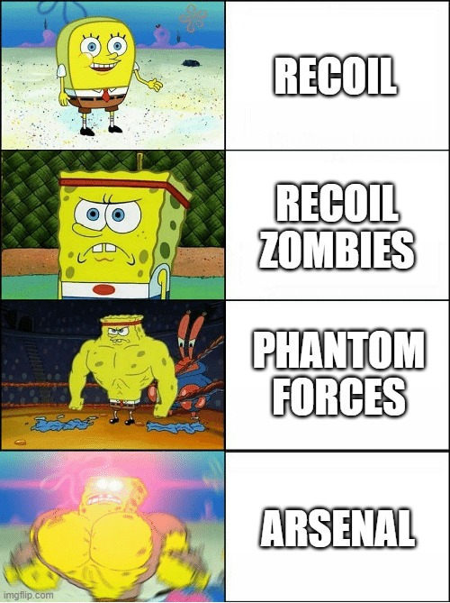 Roblox fps be like: | RECOIL; RECOIL ZOMBIES; PHANTOM FORCES; ARSENAL | image tagged in sponge finna commit muder | made w/ Imgflip meme maker