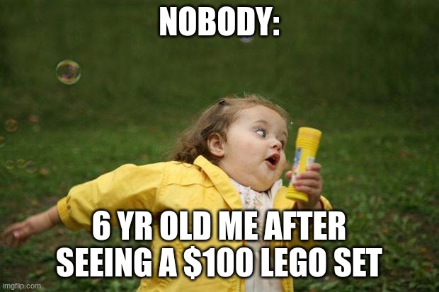 True dat | NOBODY:; 6 YR OLD ME AFTER SEEING A $100 LEGO SET | image tagged in girl running | made w/ Imgflip meme maker