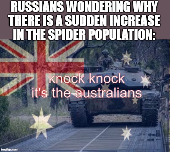 knock knock its the Australians (credit to dipshit.) | RUSSIANS WONDERING WHY THERE IS A SUDDEN INCREASE IN THE SPIDER POPULATION: | image tagged in knock knock its the australians credit to dipshit | made w/ Imgflip meme maker
