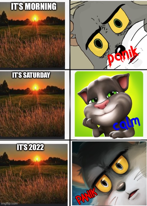 unsettled tom panik calm panik | IT’S MORNING; IT’S SATURDAY; IT’S 2022 | image tagged in unsettled tom panik calm panik | made w/ Imgflip meme maker