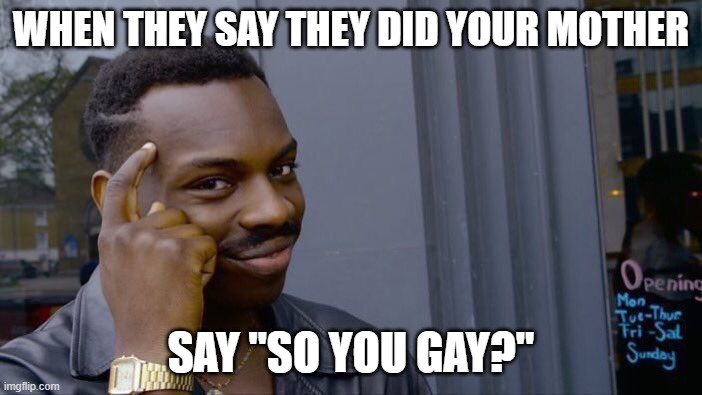 Roll Safe Think About It | WHEN THEY SAY THEY DID YOUR MOTHER; SAY "SO YOU GAY?" | image tagged in memes,roll safe think about it,why are you gay,gay jokes,your mom | made w/ Imgflip meme maker