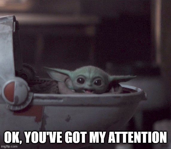 Excited Baby Yoda | OK, YOU'VE GOT MY ATTENTION | image tagged in excited baby yoda | made w/ Imgflip meme maker