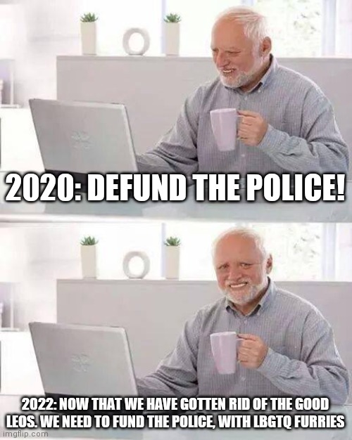 Purge the Military, Purge the Police | 2020: DEFUND THE POLICE! 2022: NOW THAT WE HAVE GOTTEN RID OF THE GOOD LEOS. WE NEED TO FUND THE POLICE, WITH LBGTQ FURRIES | image tagged in hide the pain harold,lies,nobody is coming,self protection,f-15,target practice | made w/ Imgflip meme maker