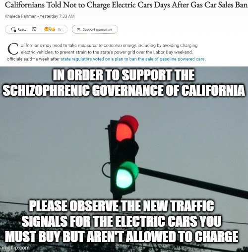 IN ORDER TO SUPPORT THE SCHIZOPHRENIC GOVERNANCE OF CALIFORNIA; PLEASE OBSERVE THE NEW TRAFFIC SIGNALS FOR THE ELECTRIC CARS YOU MUST BUY BUT AREN'T ALLOWED TO CHARGE | image tagged in red and green lights on,california,stupid people,democrats | made w/ Imgflip meme maker