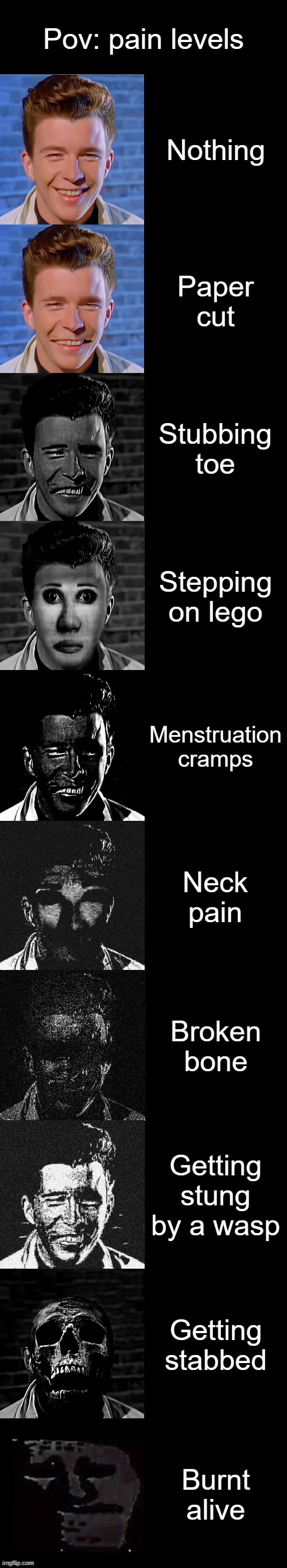 Rick Astley becoming uncanny: pain levels | Pov: pain levels; Nothing; Paper cut; Stubbing toe; Stepping on lego; Menstruation cramps; Neck pain; Broken bone; Getting stung by a wasp; Getting stabbed; Burnt alive | image tagged in rick astley becoming uncanny | made w/ Imgflip meme maker