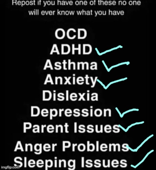 Well, just issues with my dad tbh and technically ASD, the asthma settled down in high school for me. | image tagged in repost if you have one of these | made w/ Imgflip meme maker