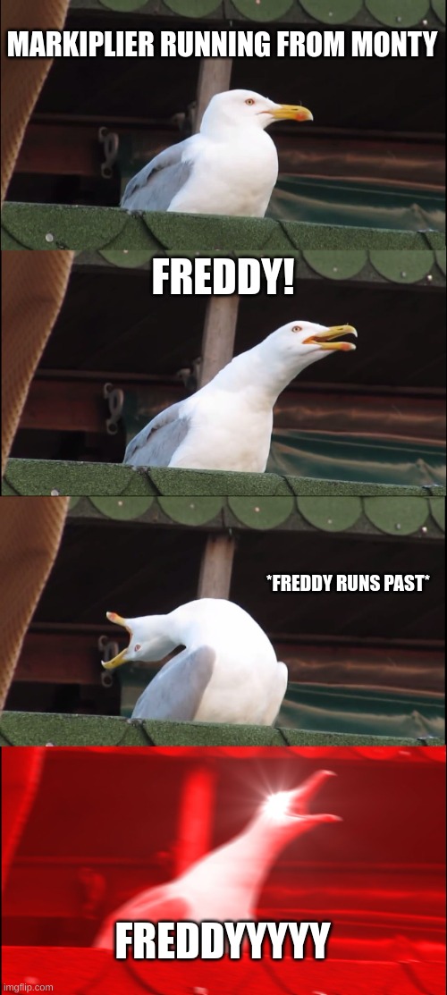 Inhaling Seagull | MARKIPLIER RUNNING FROM MONTY; FREDDY! *FREDDY RUNS PAST*; FREDDYYYYY | image tagged in memes,inhaling seagull | made w/ Imgflip meme maker