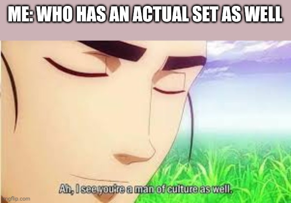 Ah,I see you are a man of culture as well | ME: WHO HAS AN ACTUAL SET AS WELL | image tagged in ah i see you are a man of culture as well | made w/ Imgflip meme maker