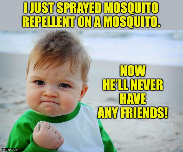 Mosquito |  I JUST SPRAYED MOSQUITO REPELLENT ON A MOSQUITO. NOW HE’LL NEVER HAVE ANY FRIENDS! | image tagged in baby fist pump | made w/ Imgflip meme maker