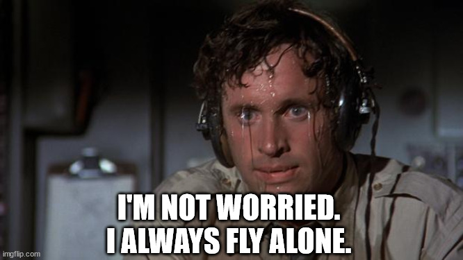 pilot sweating | I'M NOT WORRIED.
I ALWAYS FLY ALONE. | image tagged in pilot sweating | made w/ Imgflip meme maker